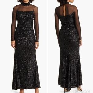 ▶️ Eliza J. ◀️ Sequin Embellished Mesh Mock Neck Gown